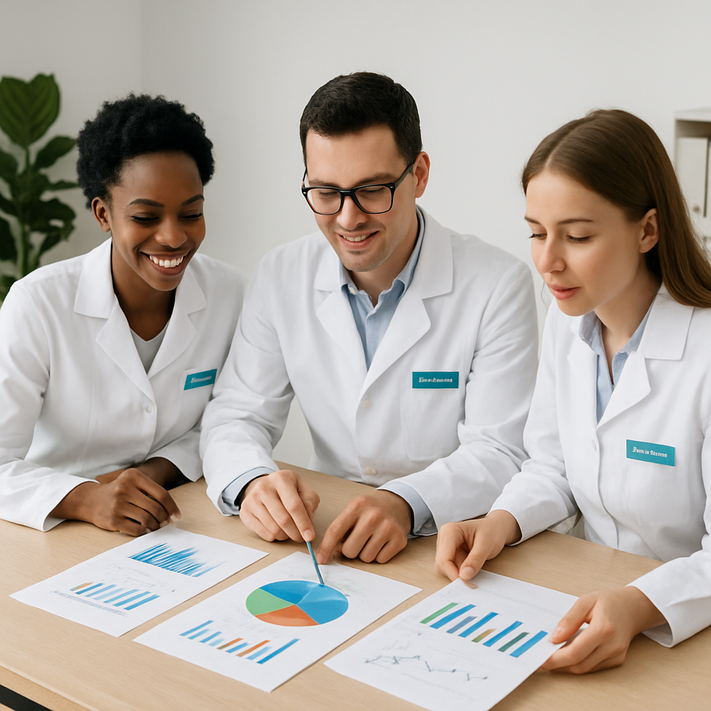 Pharmacy employees sitting at a table with Charts and graphs made the office setting clean and minimal Pharmacy employees sitting at a table with Charts and graphs made the office setting clean and minimal