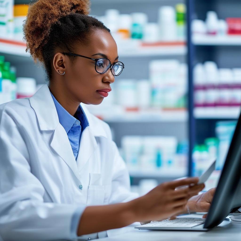 Show a pharmacist with glasses reading a computer screen